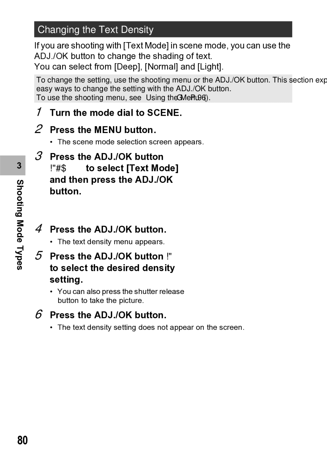 Samsung CX1 manual Changing the Text Density, Turn the mode dial to Scene Press the Menu button 