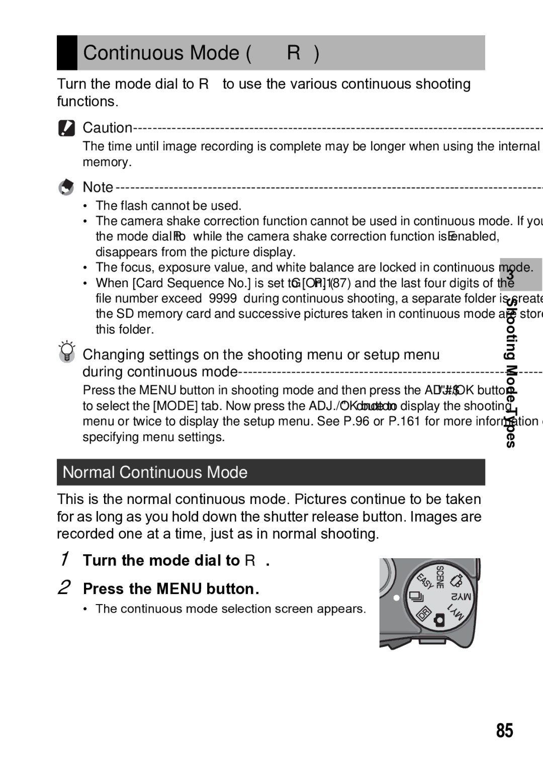 Samsung CX1 manual Continuous Mode R, Normal Continuous Mode, Turn the mode dial to R Press the Menu button 