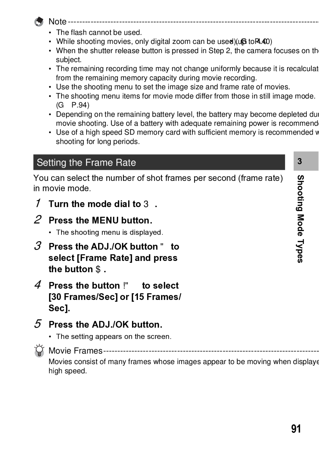 Samsung CX1 manual Setting the Frame Rate, Turn the mode dial to Press the Menu button 