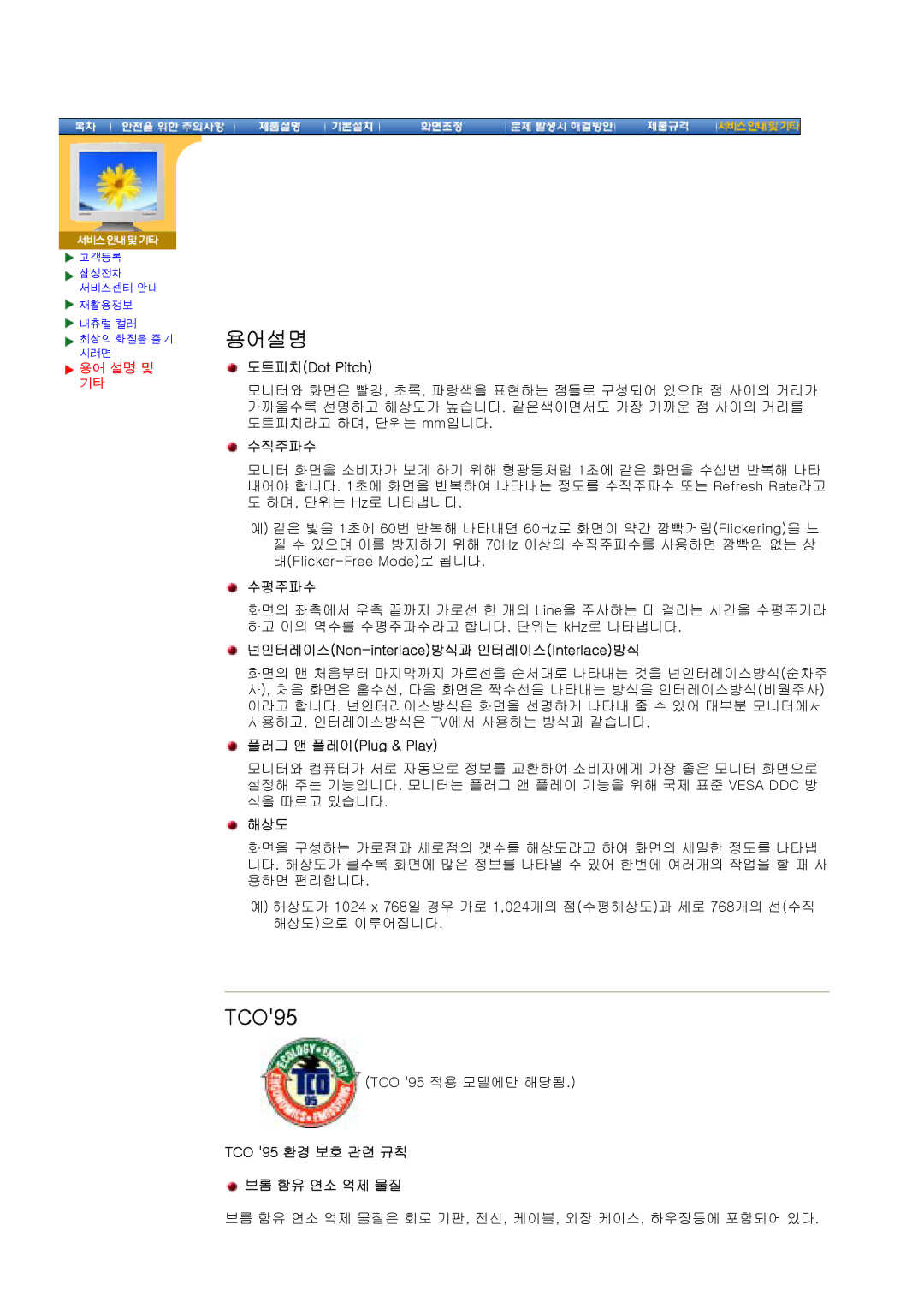 Samsung CX195T manual 도트피치Dot Pitch, 넌인터레이스Non-interlace방식과 인터레이스Interlace방식, 플러그 앤 플레이Plug & Play, 해상도 