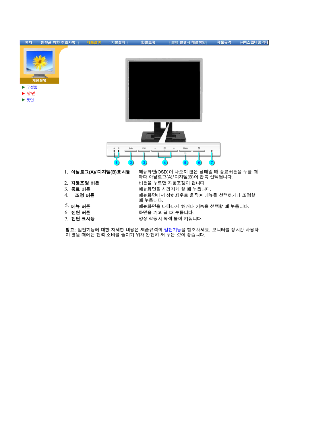 Samsung CX195T manual 자동조정 버튼, 종료 버튼, 메뉴 버튼, 전원 버튼, 전원 표시등 