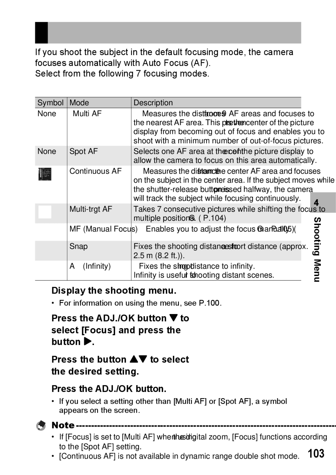 Samsung CX2 manual Focusing Modes, 103 