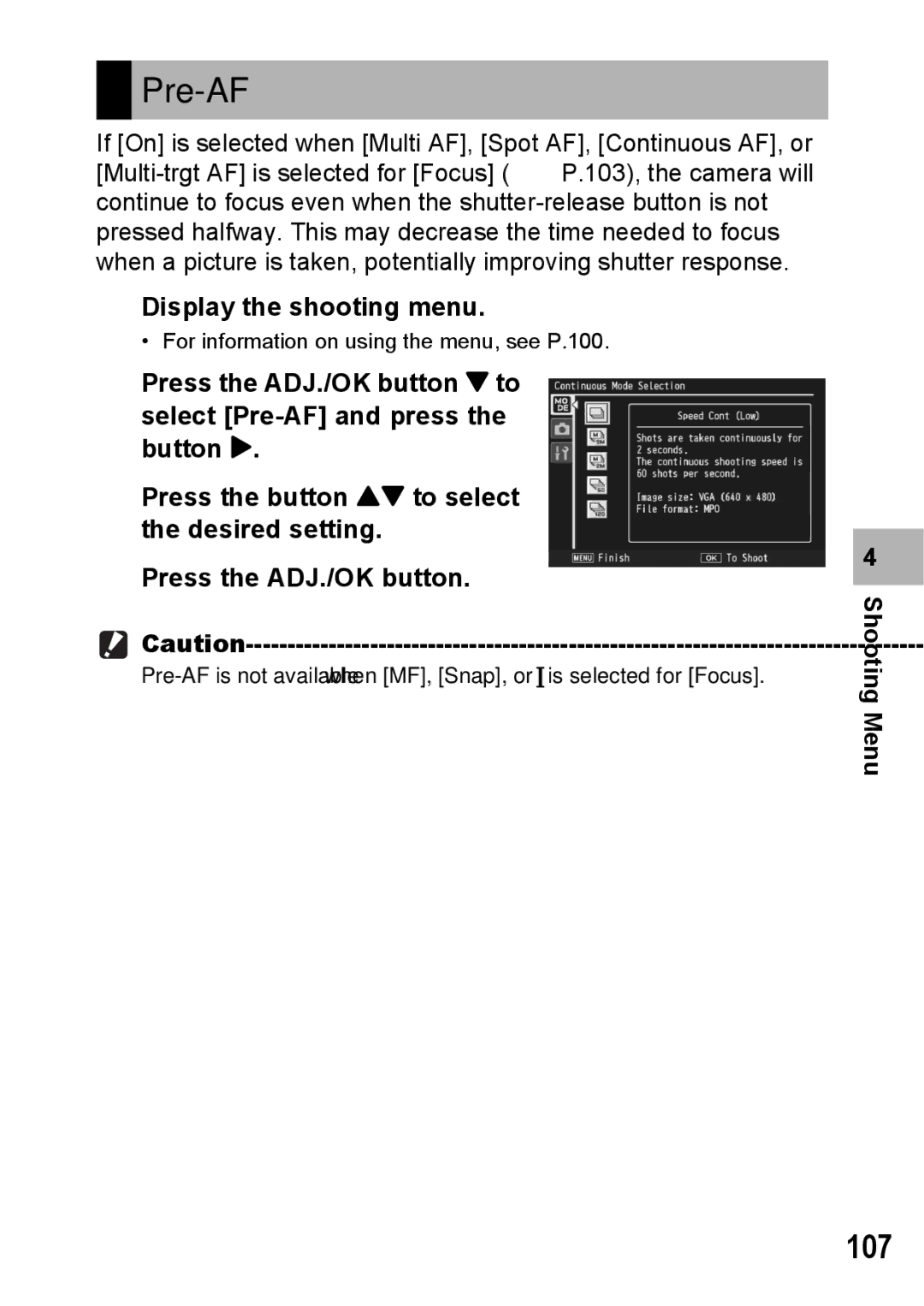 Samsung CX2 manual Pre-AF, 107 