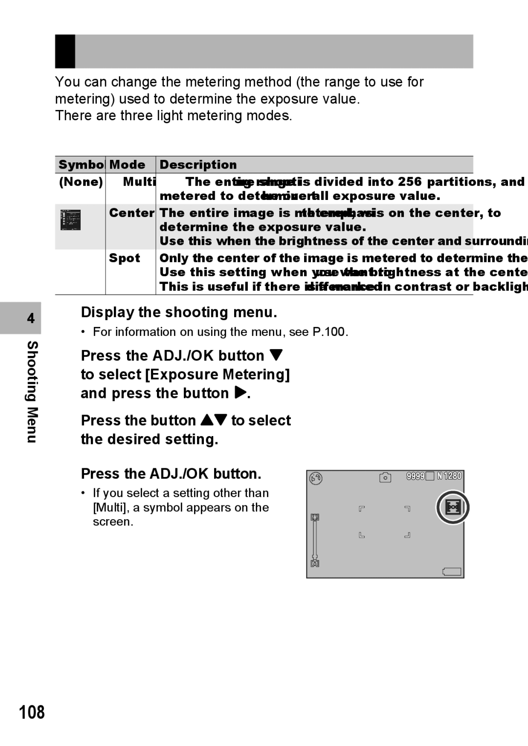 Samsung CX2 manual Exposure Metering Modes, 108 