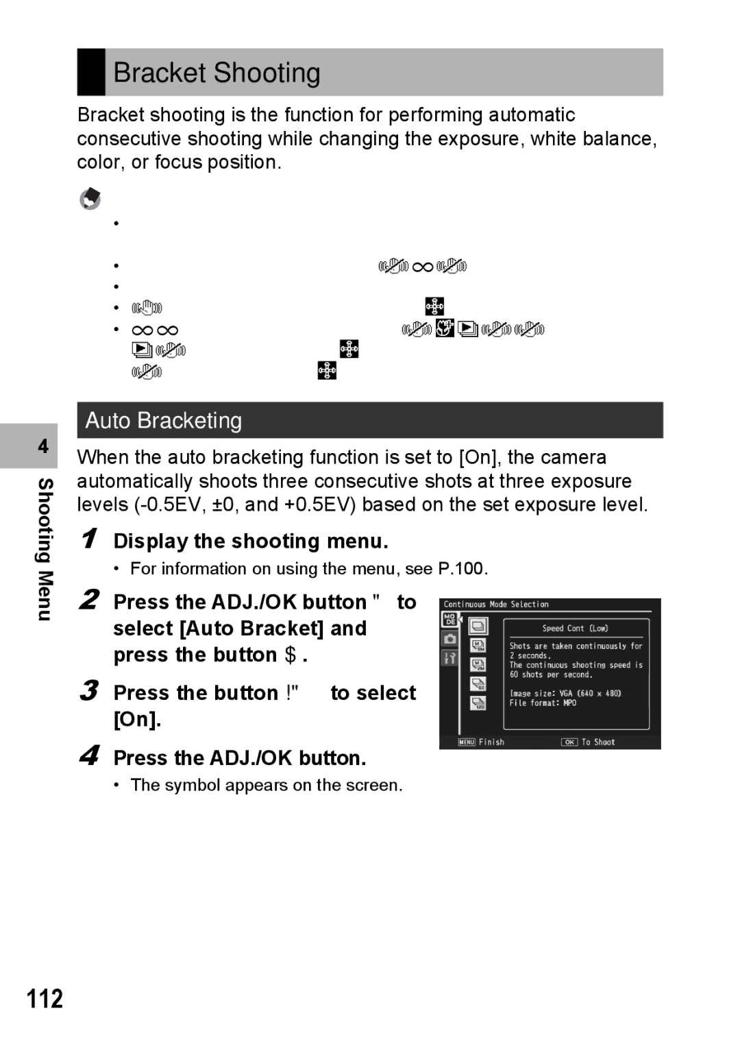 Samsung CX2 manual Bracket Shooting, 112, Auto Bracketing 