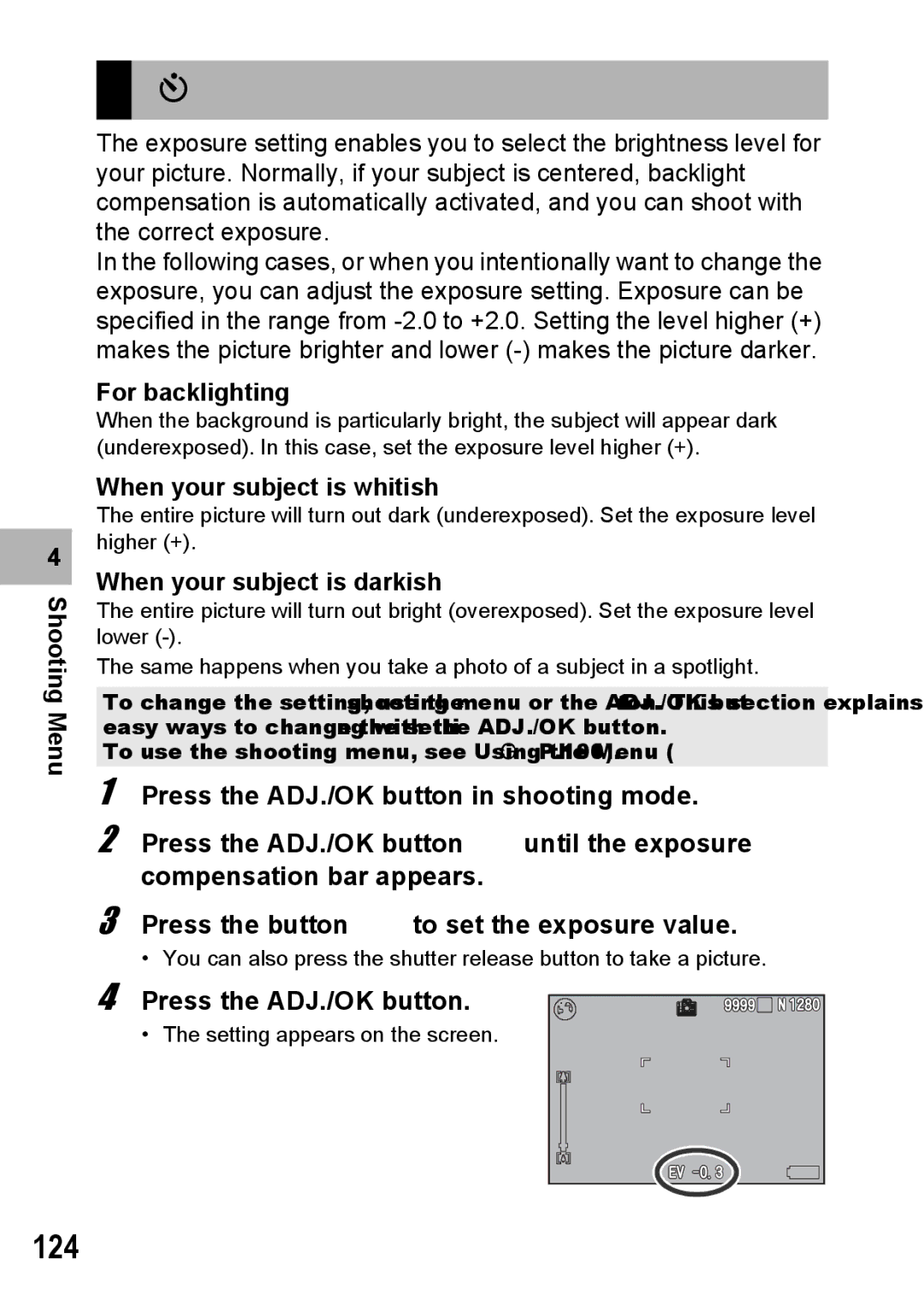 Samsung CX2 manual Exposure Compensation, 124, For backlighting, When your subject is whitish, When your subject is darkish 