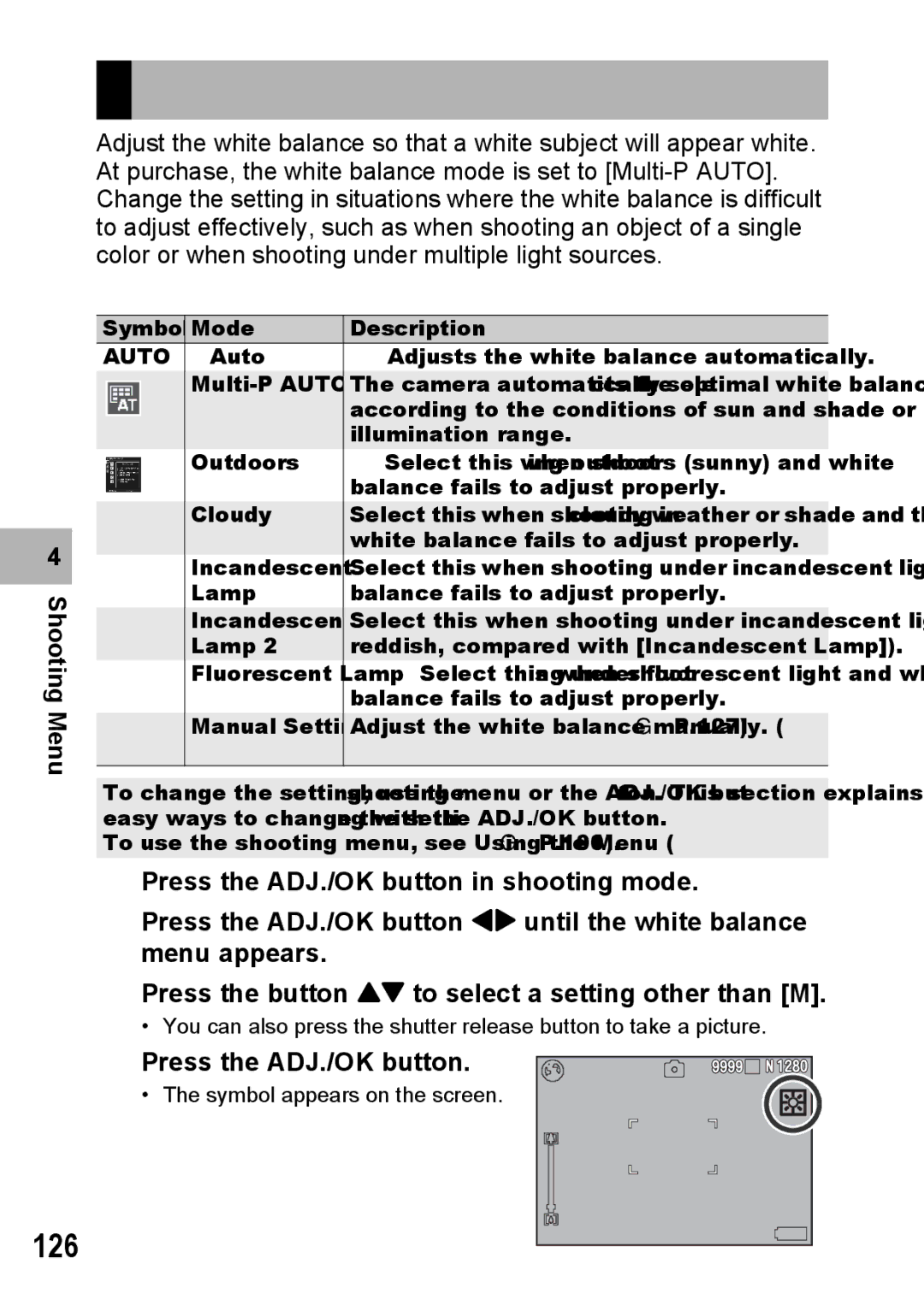 Samsung CX2 manual 126, White Balance Modes 