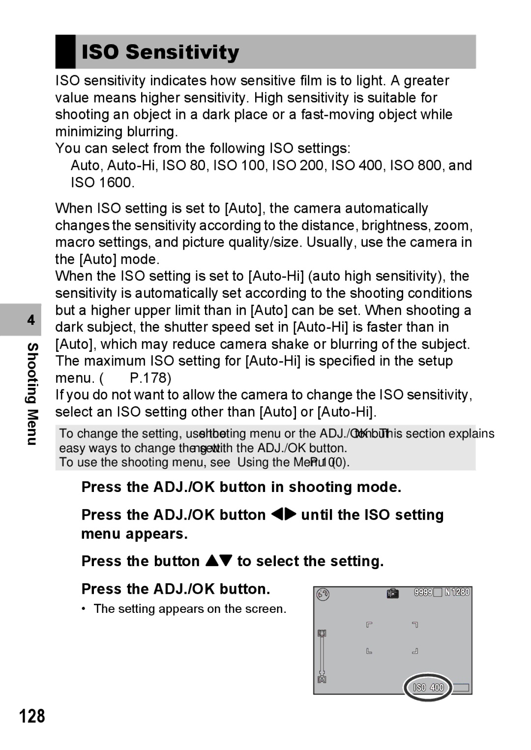 Samsung CX2 manual ISO Sensitivity, 128 