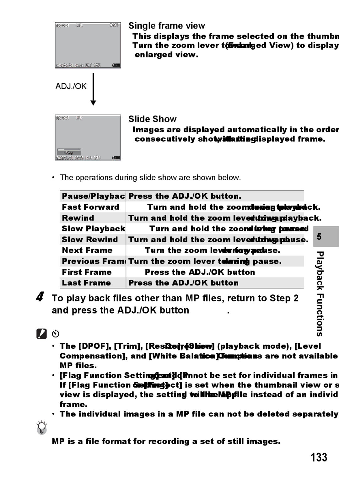 Samsung CX2 manual 133, Single frame view, Slide Show, Functions 