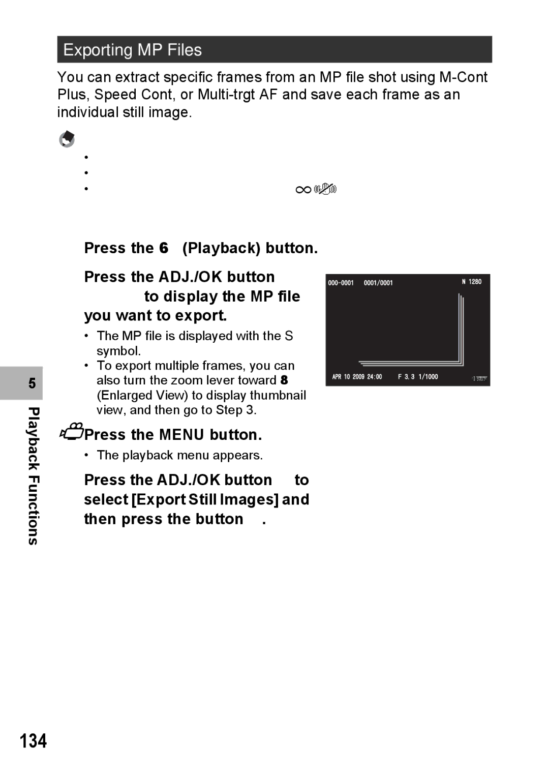 Samsung CX2 manual 134, Exporting MP Files, Playback Functions 