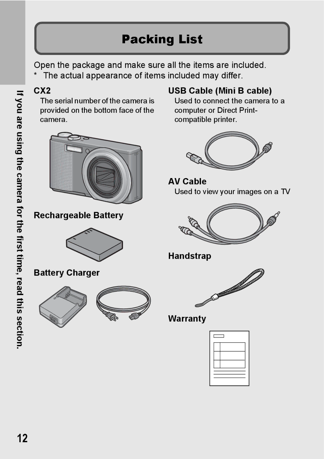 Samsung CX2 manual Packing List, Rechargeable Battery Battery Charger USB Cable Mini B cable, AV Cable 
