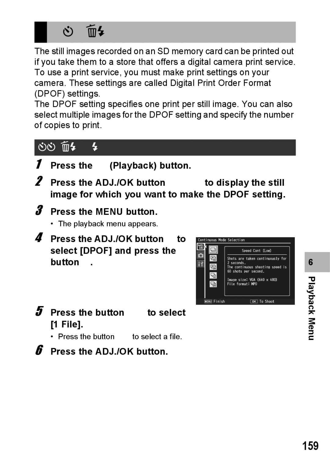 Samsung CX2 Using a Printing Service Dpof, 159, Setting/Canceling Dpof for a File, Press the ADJ./OK button Playback Menu 