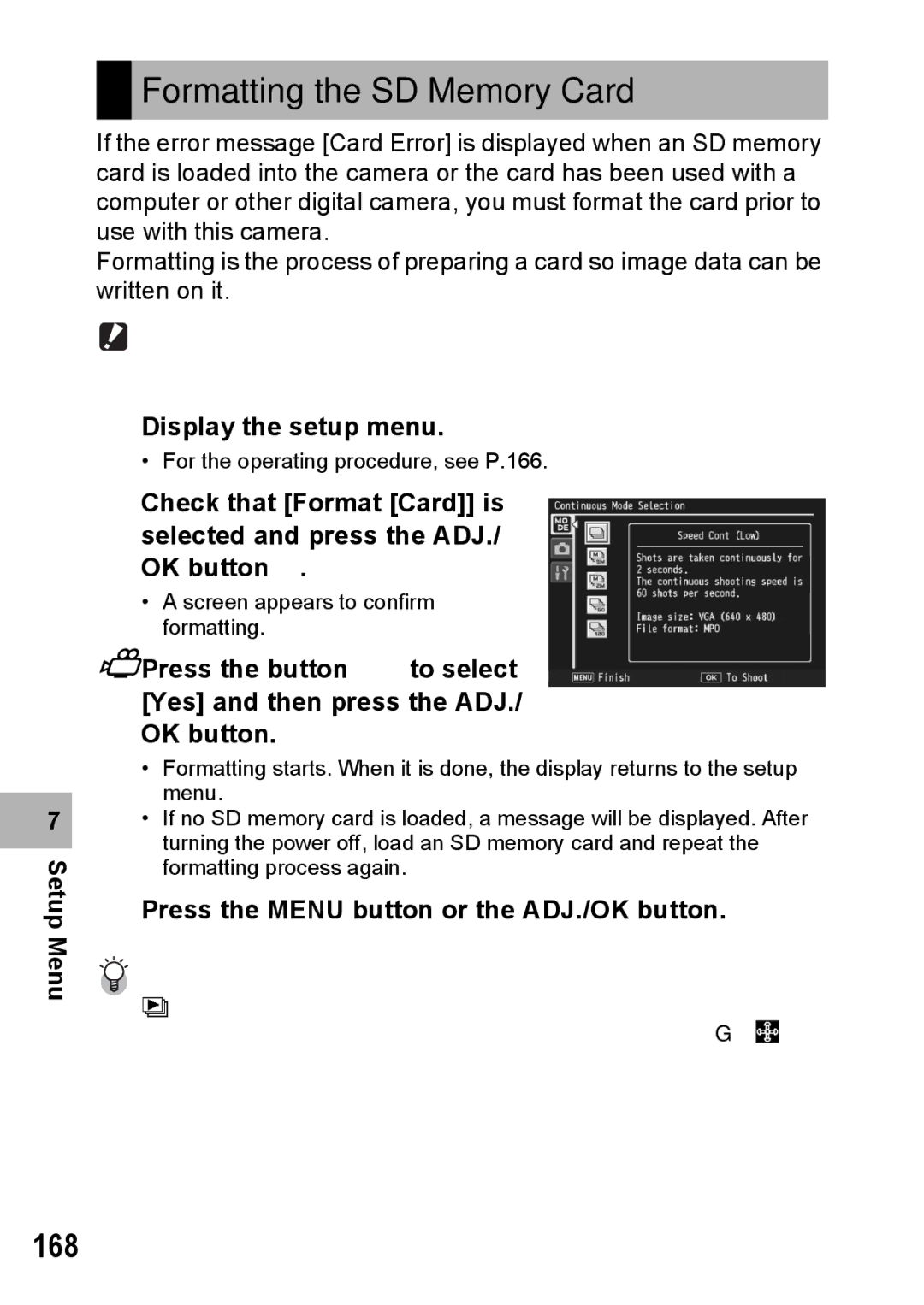 Samsung CX2 manual 168, Press the Menu button or the ADJ./OK button 