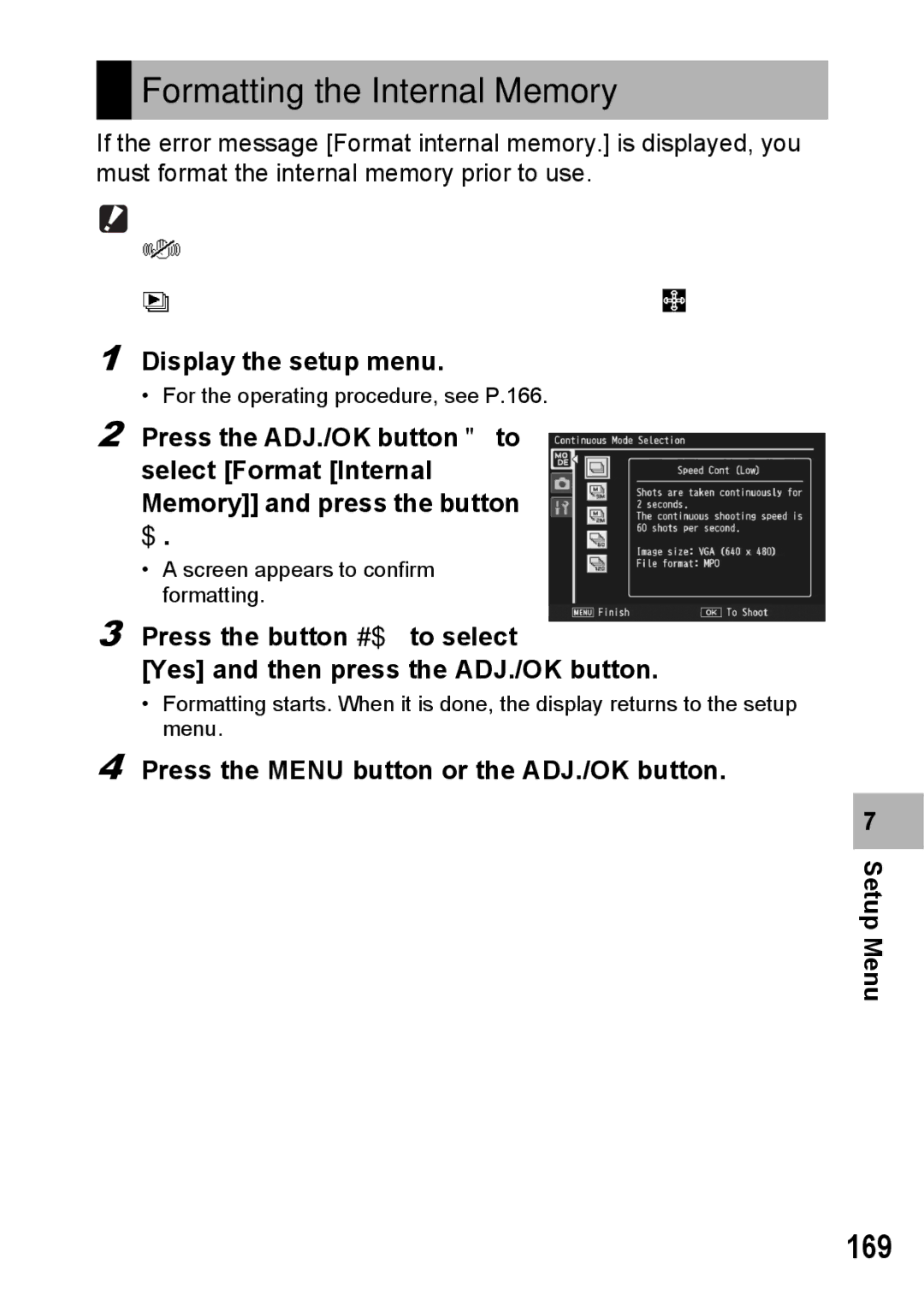 Samsung CX2 manual 169, Press the Menu button or the ADJ./OK button Setup Menu 