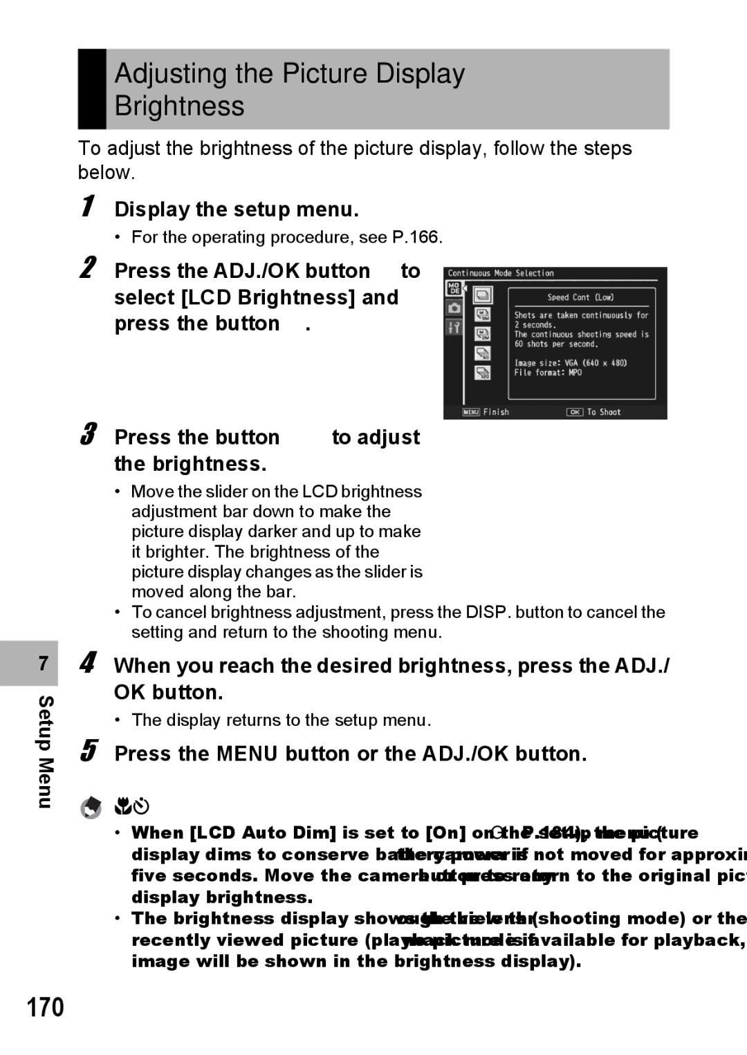 Samsung CX2 manual Adjusting the Picture Display Brightness, 170, Display the setup menu 