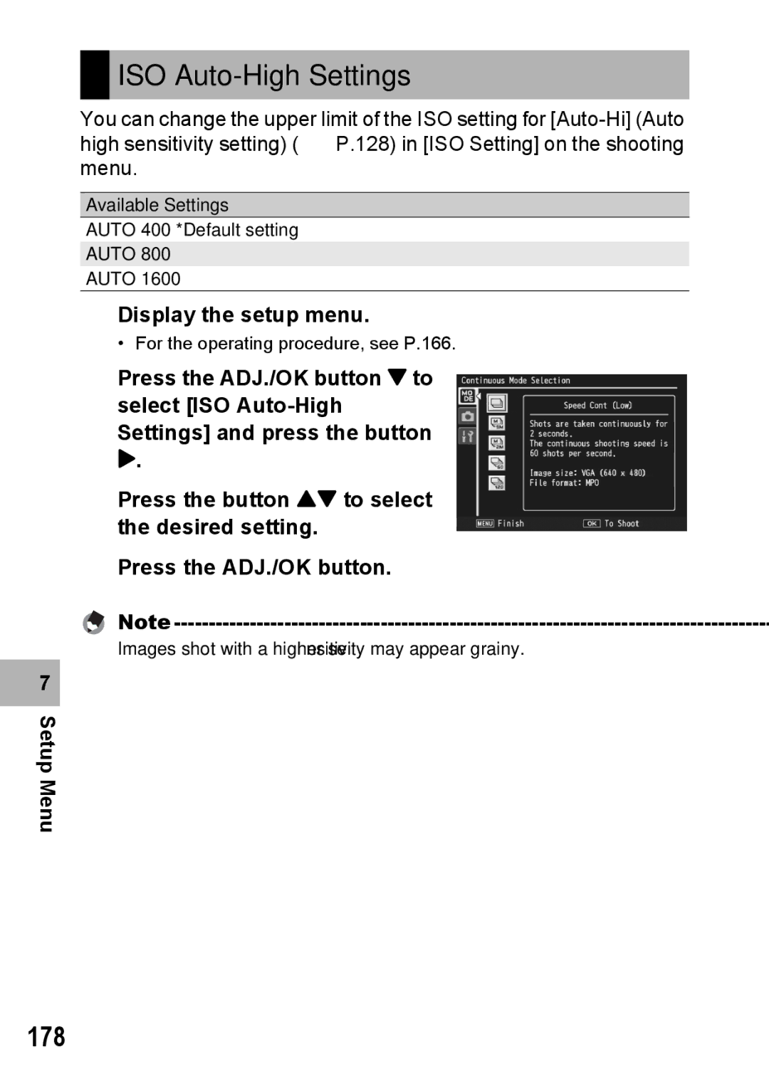 Samsung CX2 manual ISO Auto-High Settings, 178 