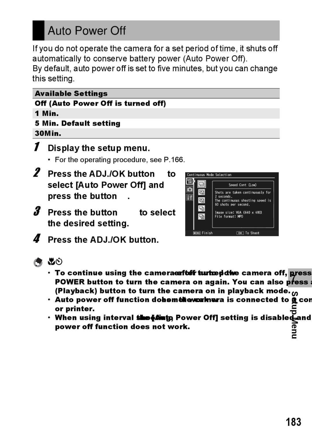 Samsung CX2 manual Auto Power Off, 183 