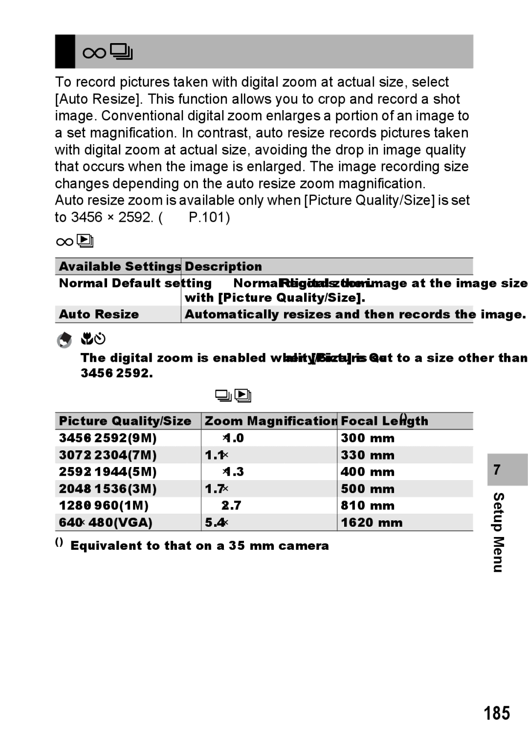 Samsung CX2 manual Auto Resize Zoom, 185, Available Settings, Zoom Magnification and Recorded Image Size 