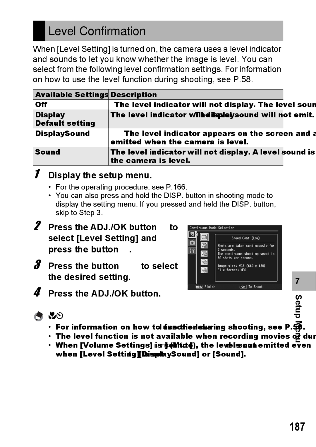 Samsung CX2 manual Level Confirmation, 187 