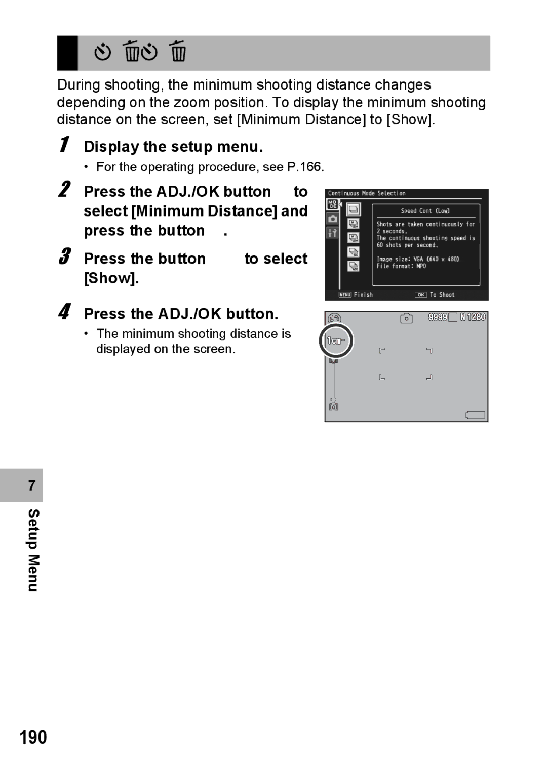 Samsung CX2 manual Minimum Shooting Distance Display, 190 