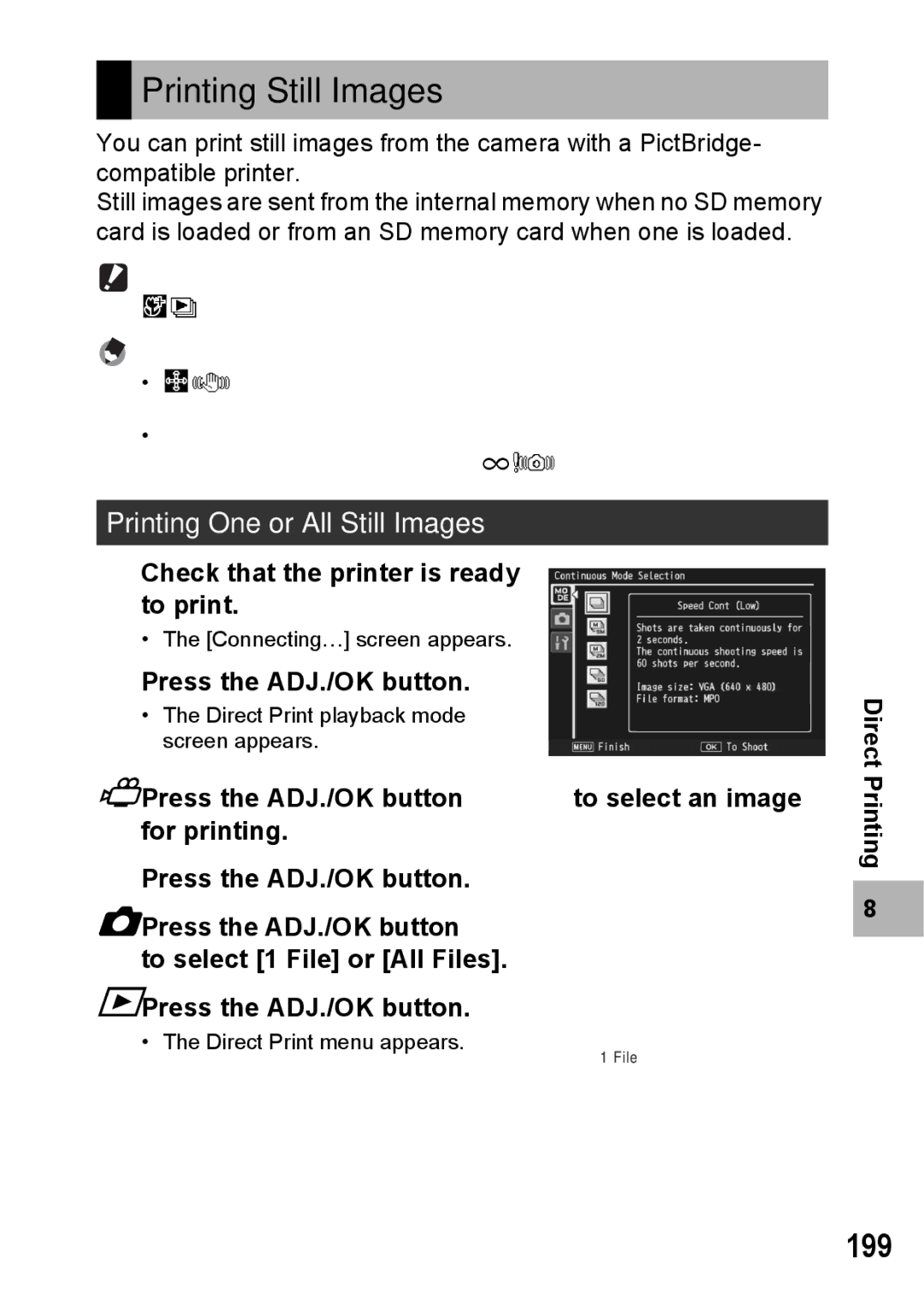 Samsung CX2 manual Printing Still Images, 199, Printing One or All Still Images, Check that the printer is ready to print 
