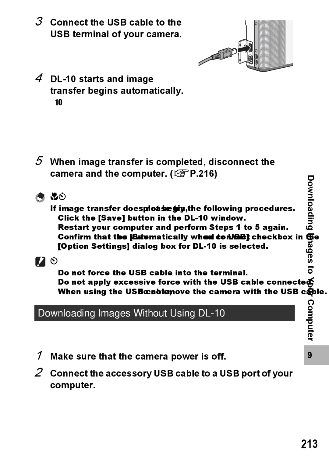 Samsung CX2 manual 213, Downloading Images Without Using DL-10, Connect the USB cable to the USB terminal of your camera 