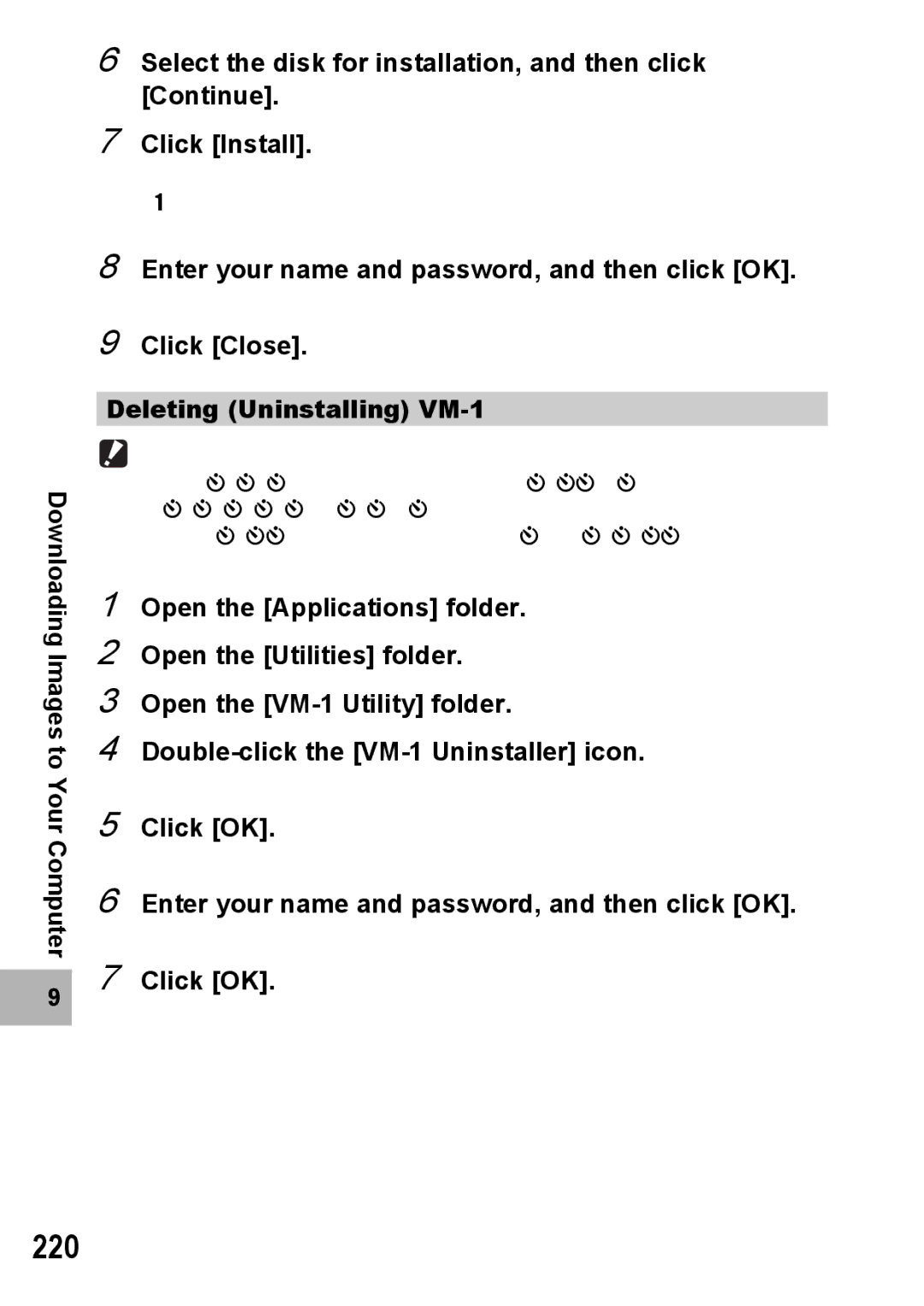 Samsung CX2 manual 220, Enter your name and password, and then click OK, Click Close Deleting Uninstalling VM-1, Click OK 