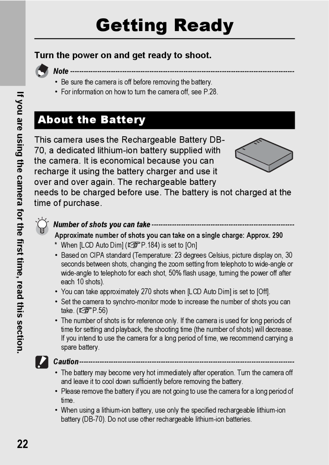 Samsung CX2 manual About the Battery, Turn the power on and get ready to shoot 