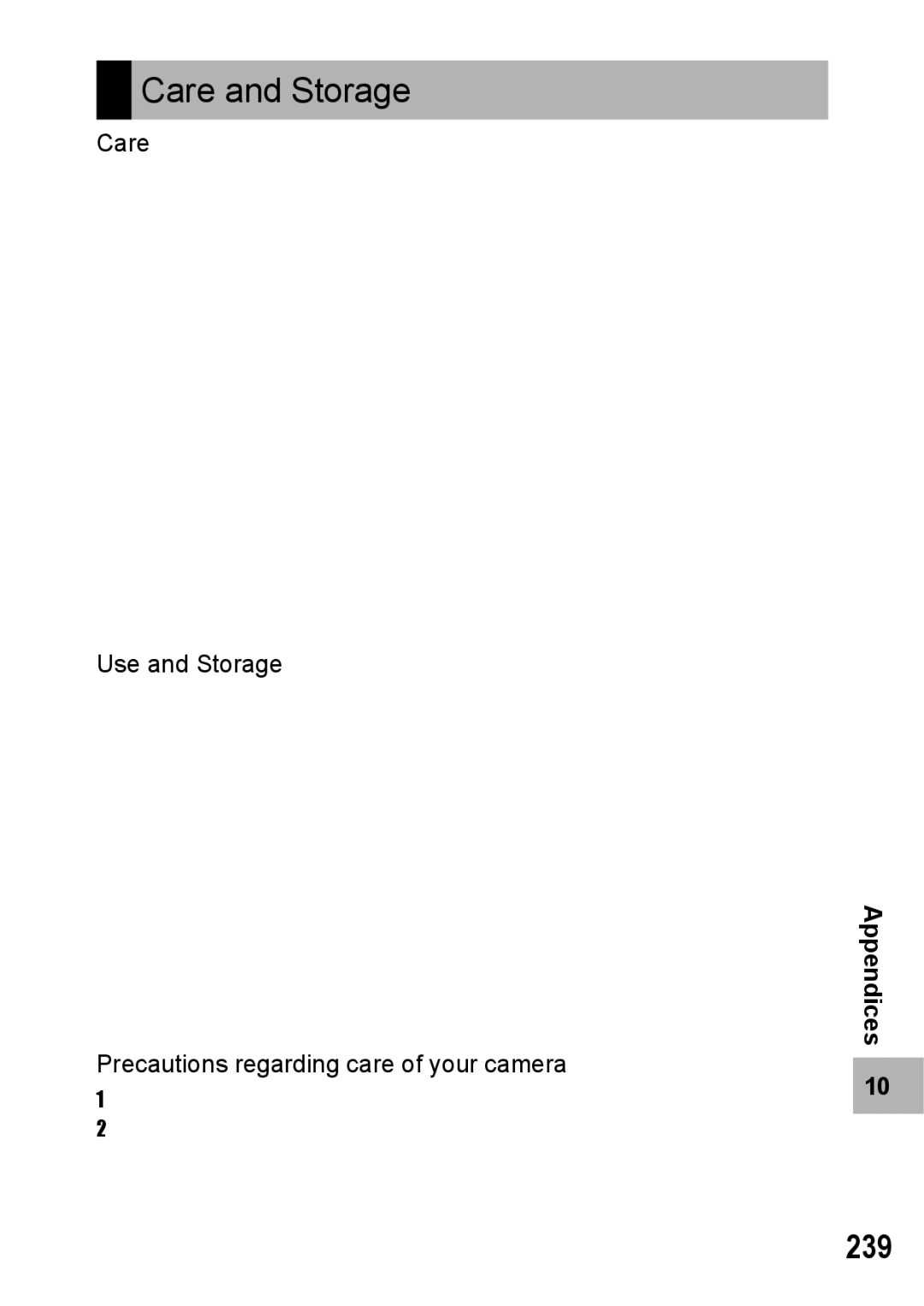 Samsung CX2 manual Care and Storage, 239, Use and Storage, Precautions regarding care of your camera 