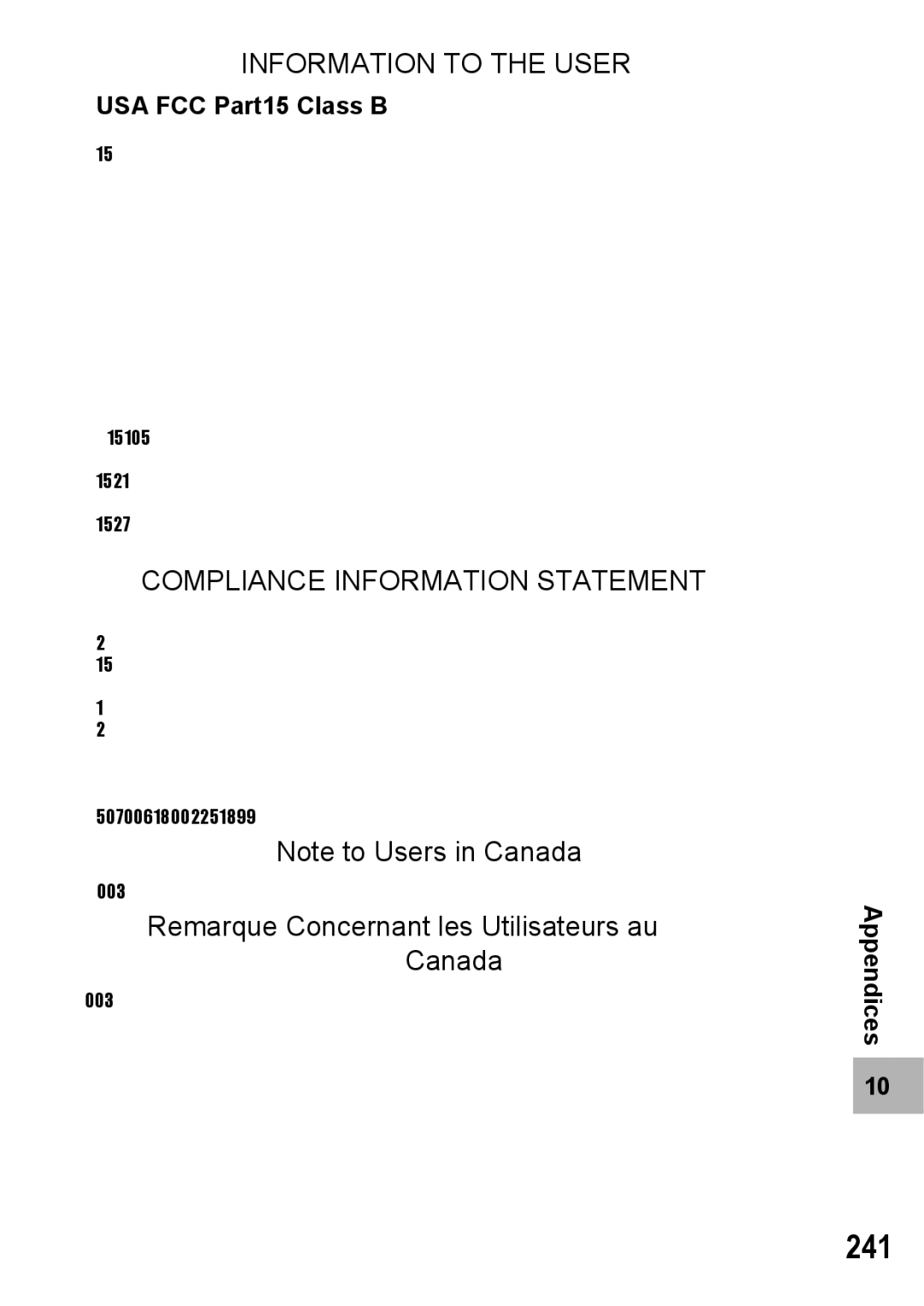 Samsung CX2 manual 241, Remarque Concernant les Utilisateurs au Canada, USA FCC Part15 Class B 