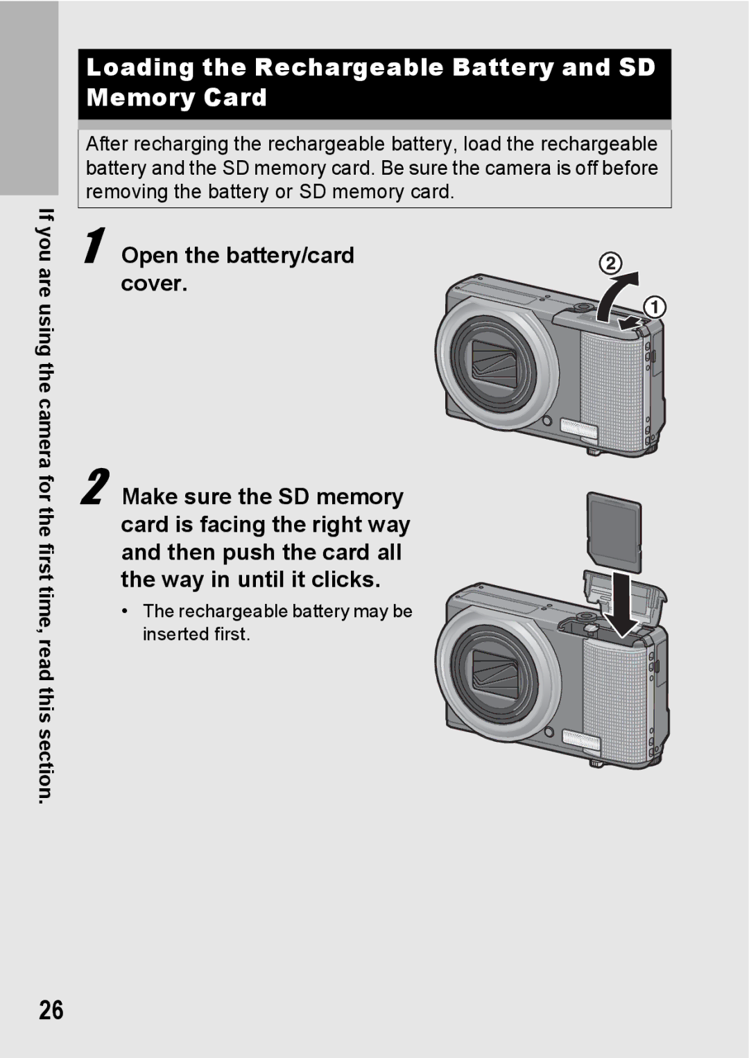 Samsung CX2 manual Loading the Rechargeable Battery and SD Memory Card 