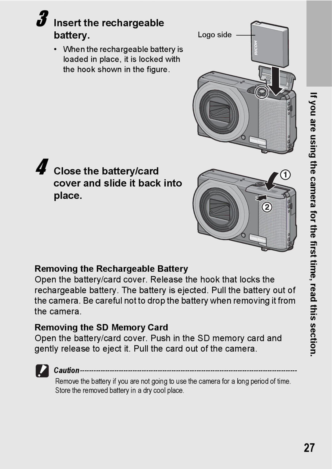 Samsung CX2 manual Insert the rechargeable Battery, Close the battery/card cover and slide it back into place 