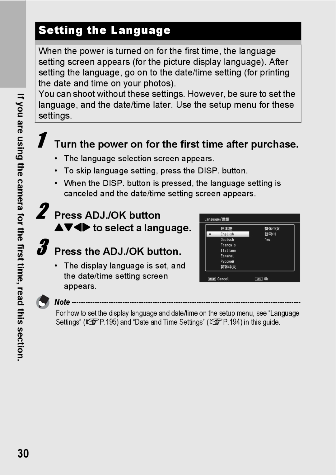 Samsung CX2 manual Setting the Language, Turn the power on for the first time after purchase 