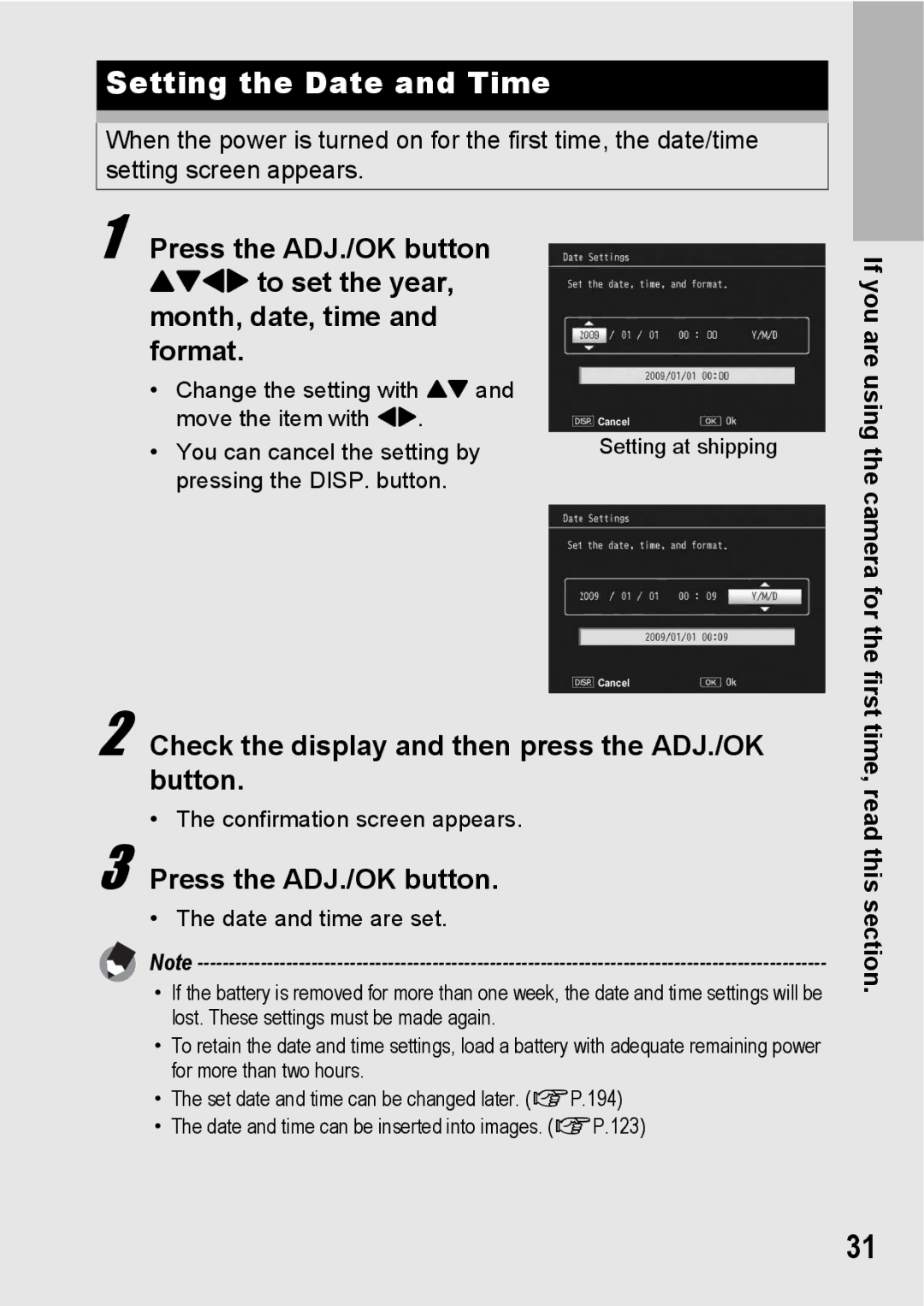 Samsung CX2 Setting the Date and Time, Check the display and then press the ADJ./OK button, First time, read this section 