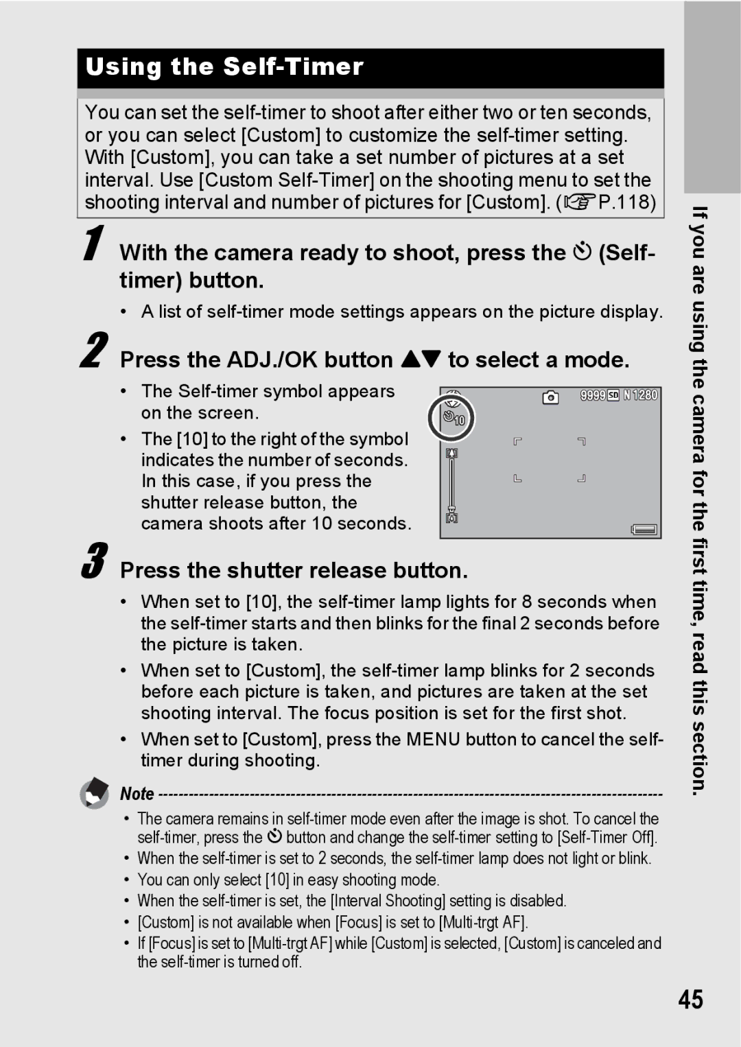 Samsung CX2 manual Using the Self-Timer, Press the ADJ./OK button ! to select a mode, Press the shutter release button 