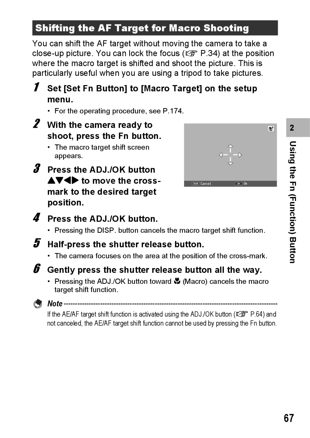 Samsung CX2 manual Shifting the AF Target for Macro Shooting, Set Set Fn Button to Macro Target on the setup menu 