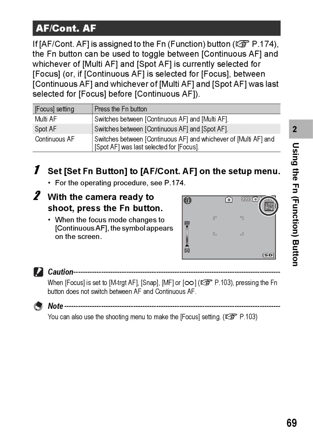 Samsung CX2 manual Set Set Fn Button to AF/Cont. AF on the setup menu 