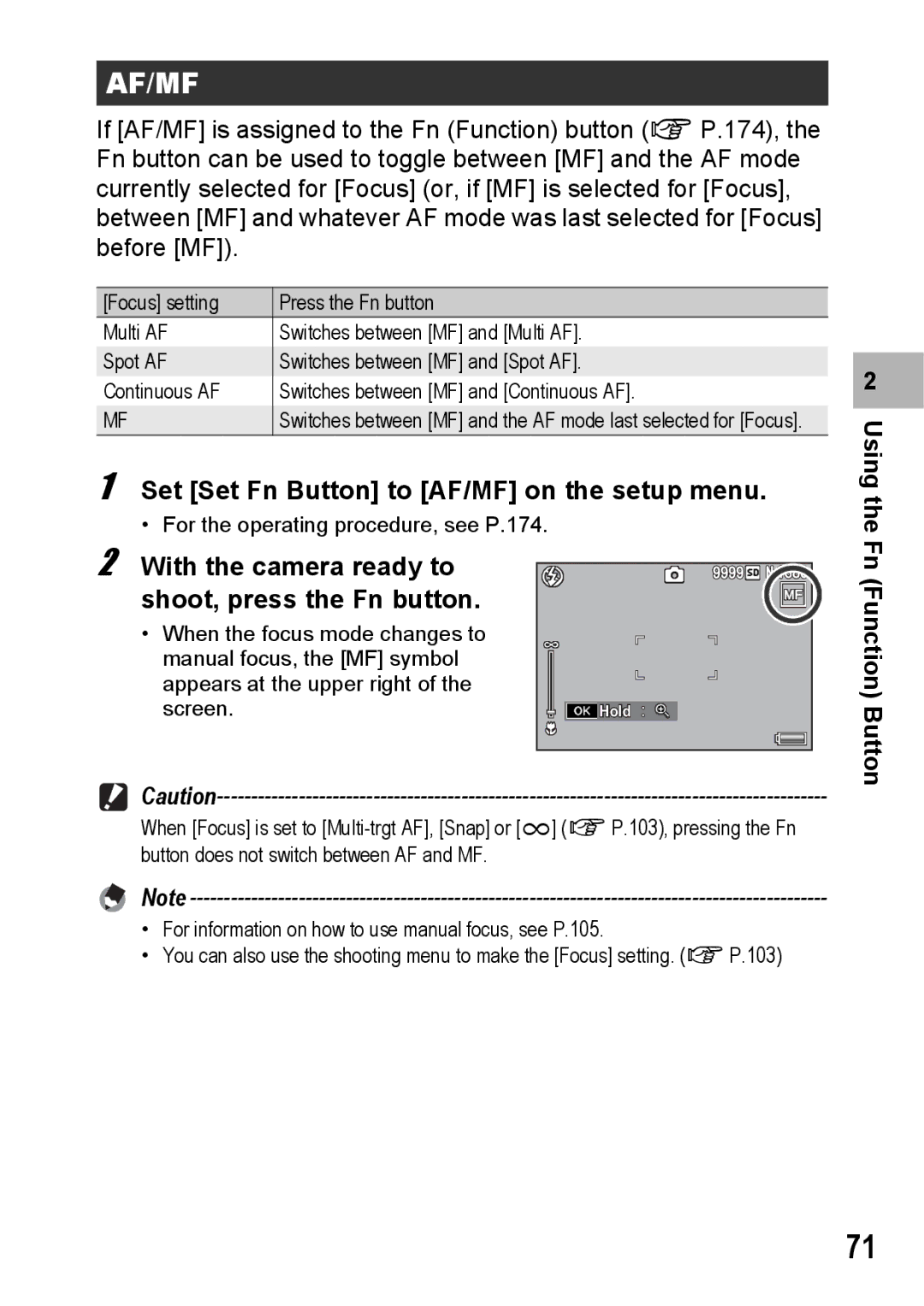 Samsung CX2 manual Af/Mf, Set Set Fn Button to AF/MF on the setup menu 