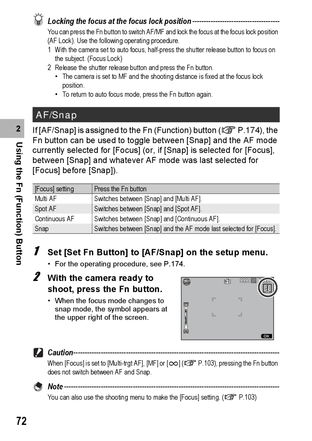 Samsung CX2 manual Set Set Fn Button to AF/Snap on the setup menu 