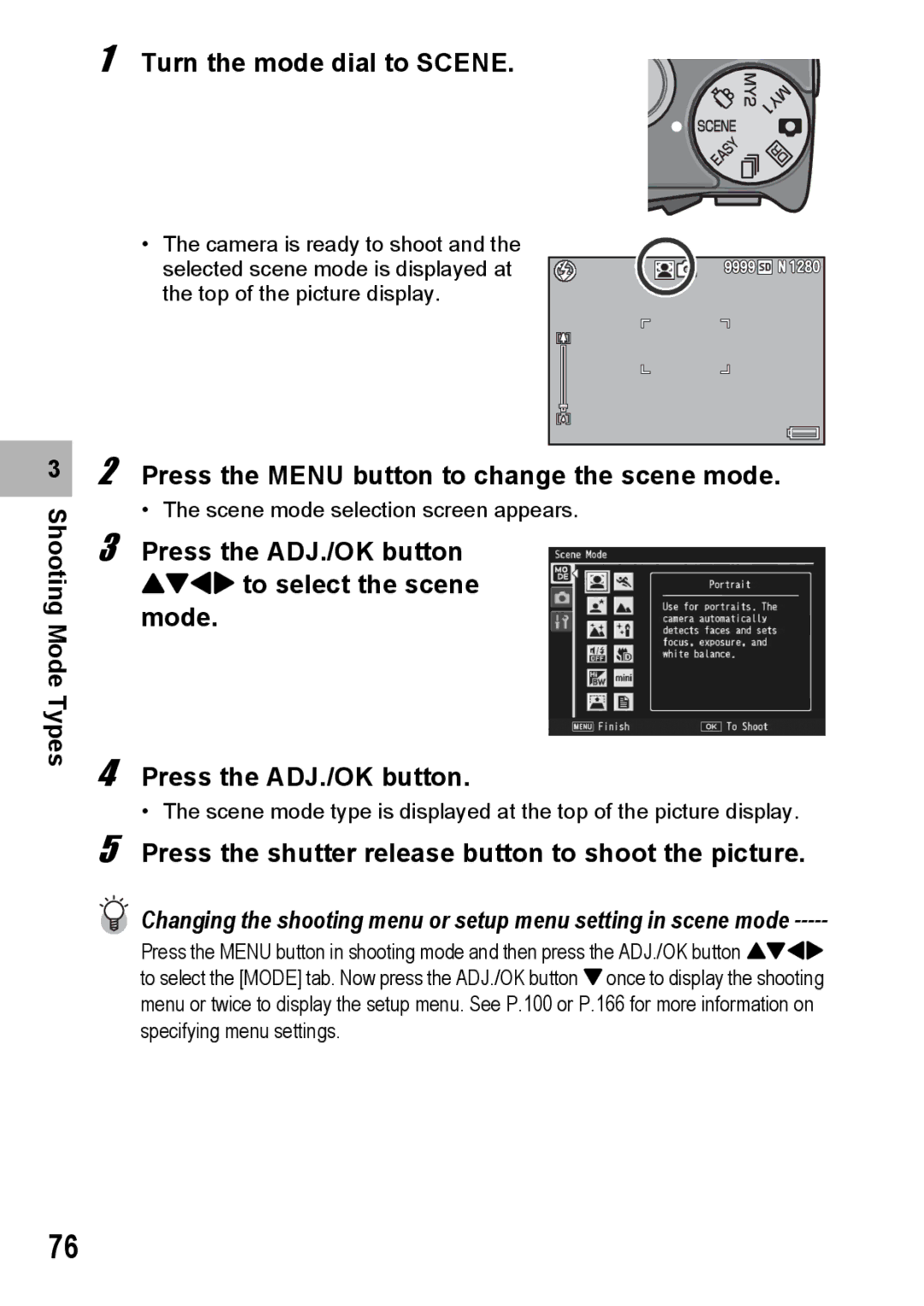 Samsung CX2 manual Turn the mode dial to Scene Shooting Mode Types, Press the Menu button to change the scene mode 