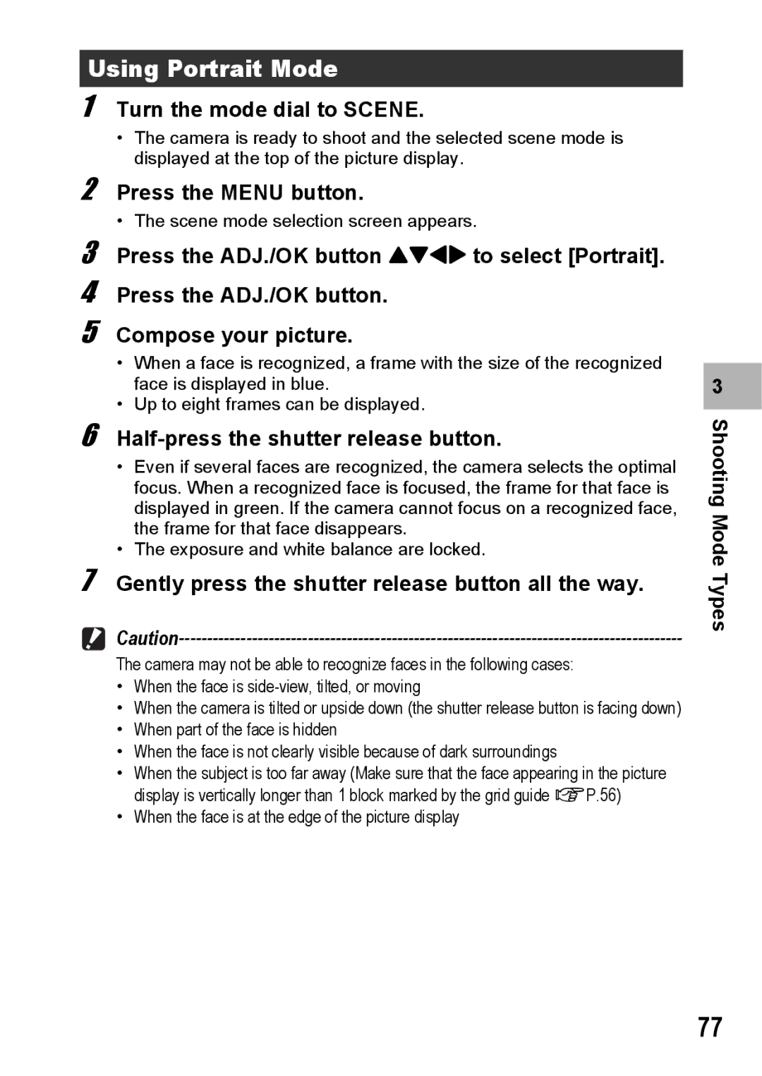 Samsung CX2 manual Using Portrait Mode, Turn the mode dial to Scene, Press the Menu button 