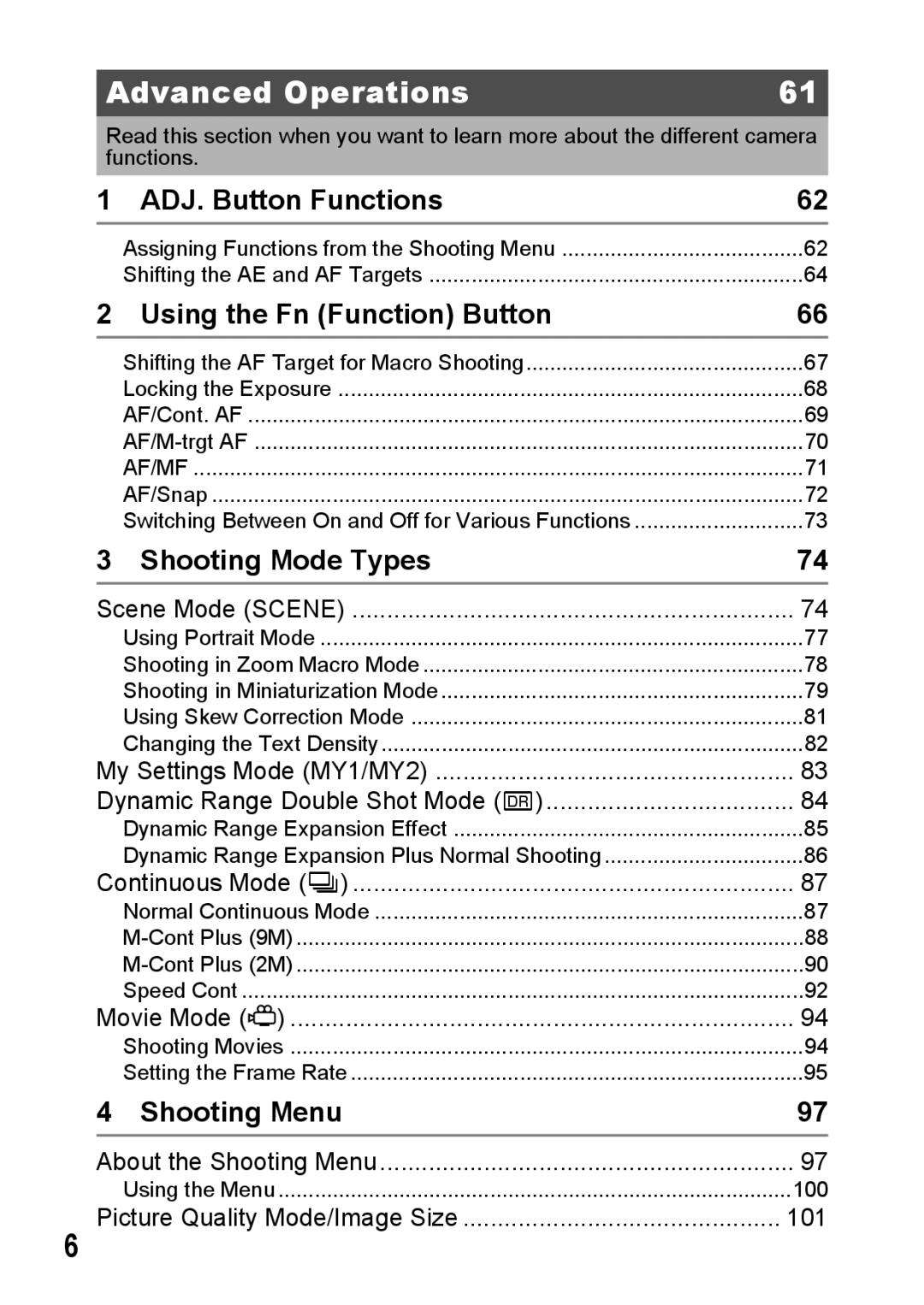 Samsung CX2 Advanced Operations, ADJ. Button Functions, Using the Fn Function Button, Shooting Mode Types, Shooting Menu 