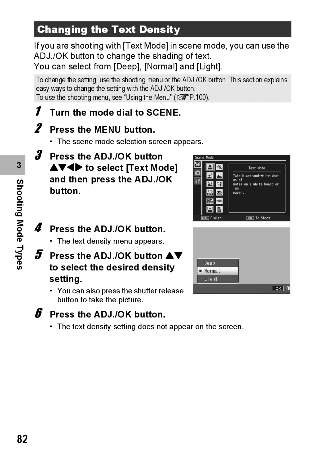 Samsung CX2 manual Changing the Text Density, Turn the mode dial to Scene Press the Menu button 