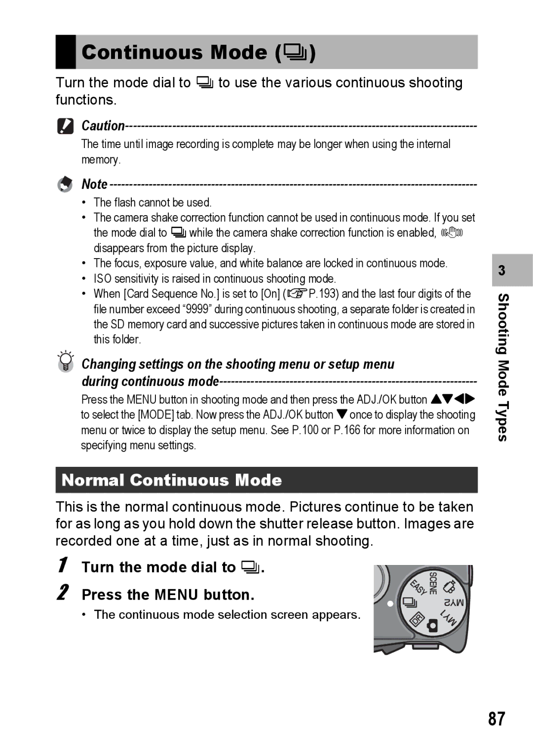 Samsung CX2 manual Continuous Mode R, Normal Continuous Mode, Turn the mode dial to R Press the Menu button 