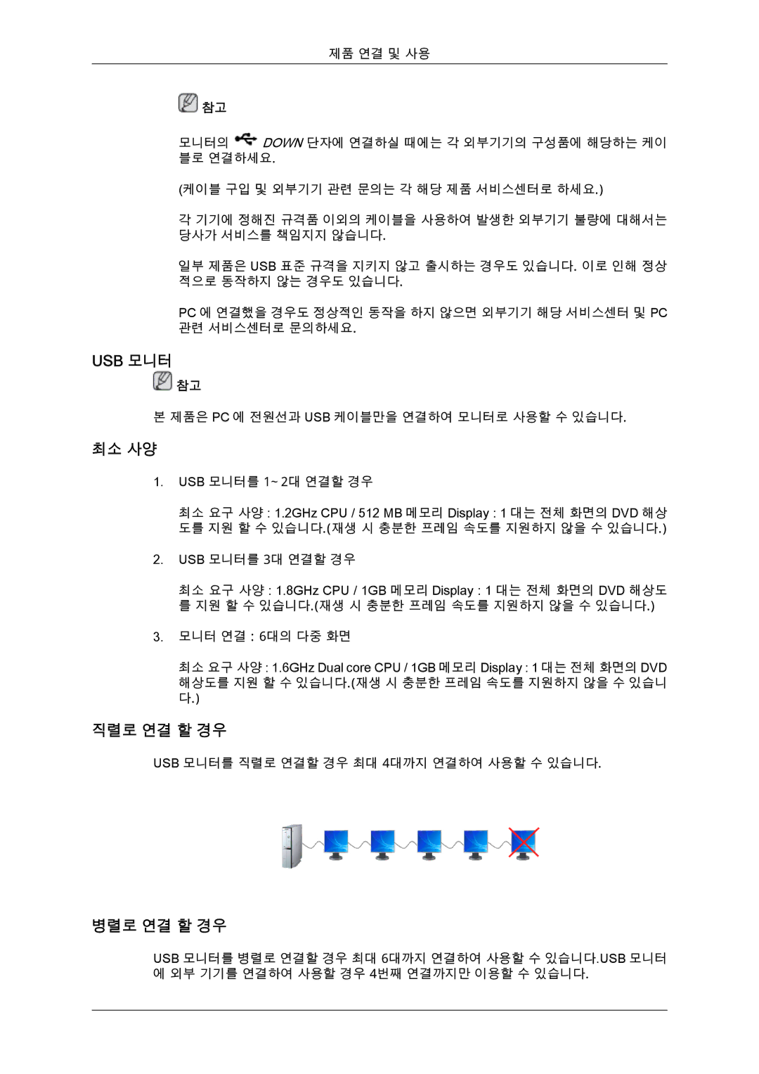 Samsung CX2243QW quick start 최소 사양, 직렬로 연결 할 경우, 병렬로 연결 할 경우 