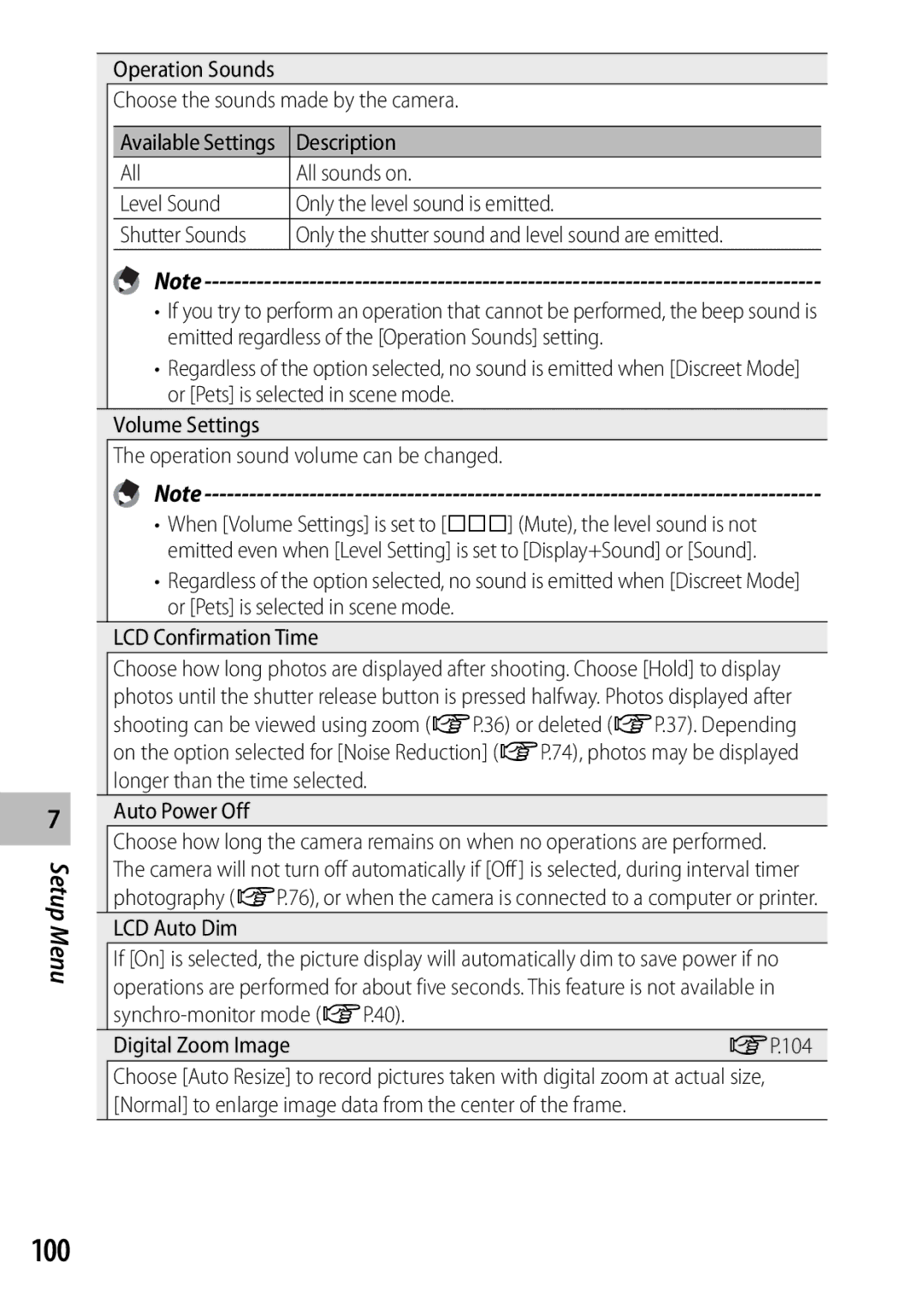 Samsung CX4 manual 100, Operation Sounds Choose the sounds made by the camera, Auto Power Off, LCD Auto Dim 