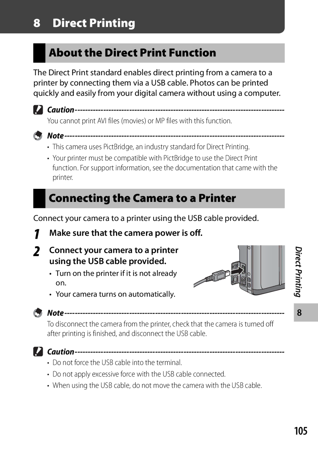 Samsung CX4 About the Direct Print Function, Connecting the Camera to a Printer, 105, Connect your camera to a printer 