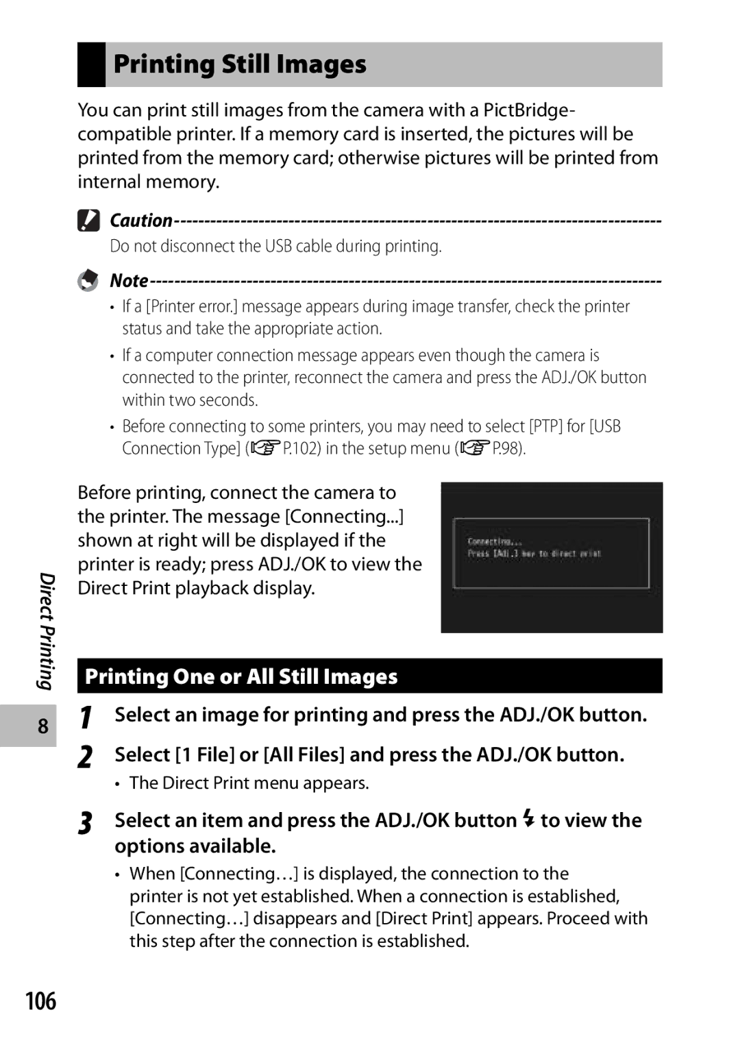 Samsung CX4 Printing Still Images, 106, Printing One or All Still Images, Options available, Direct Print menu appears 