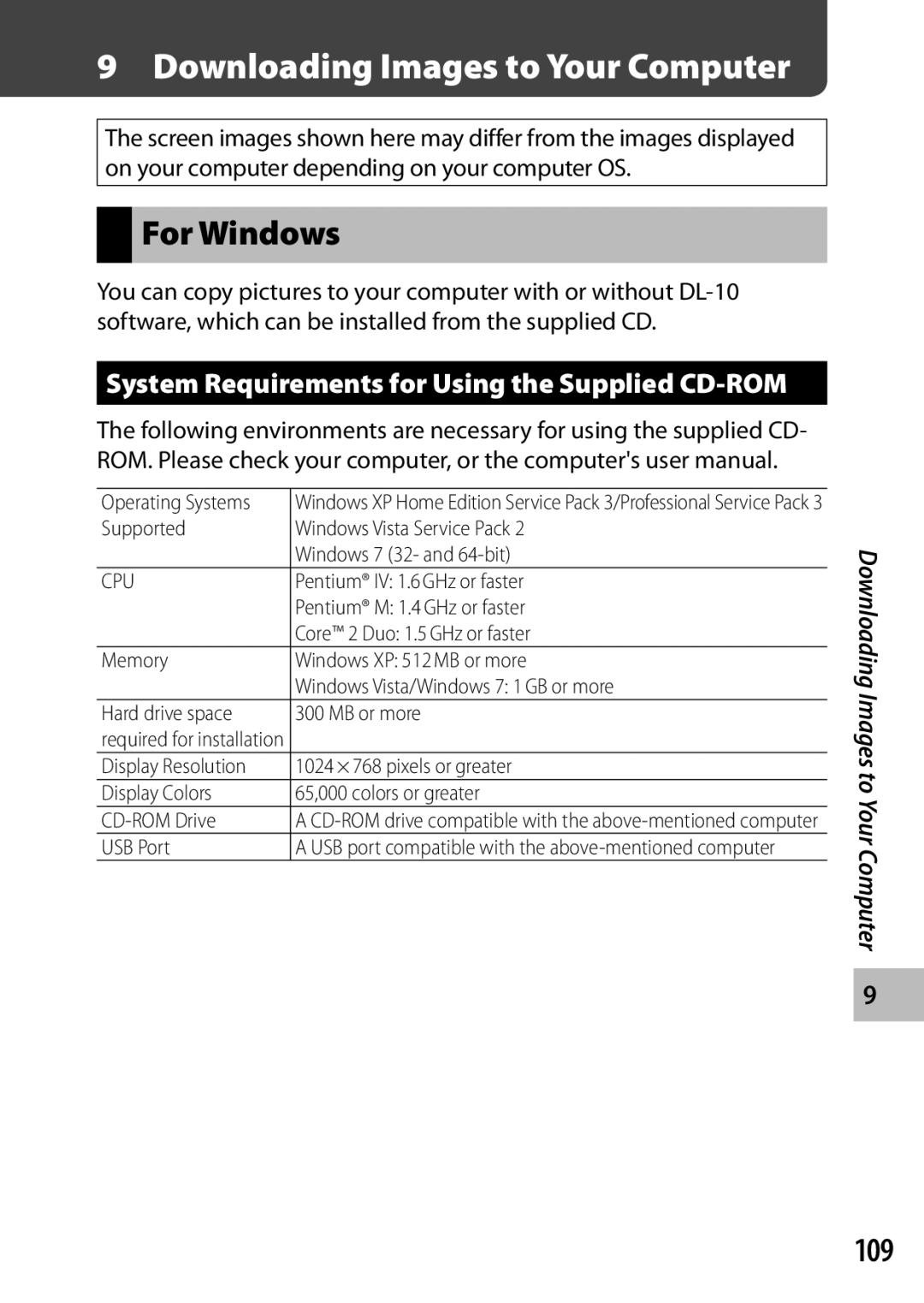 Samsung CX4 manual For Windows, 109, System Requirements for Using the Supplied CD-ROM 