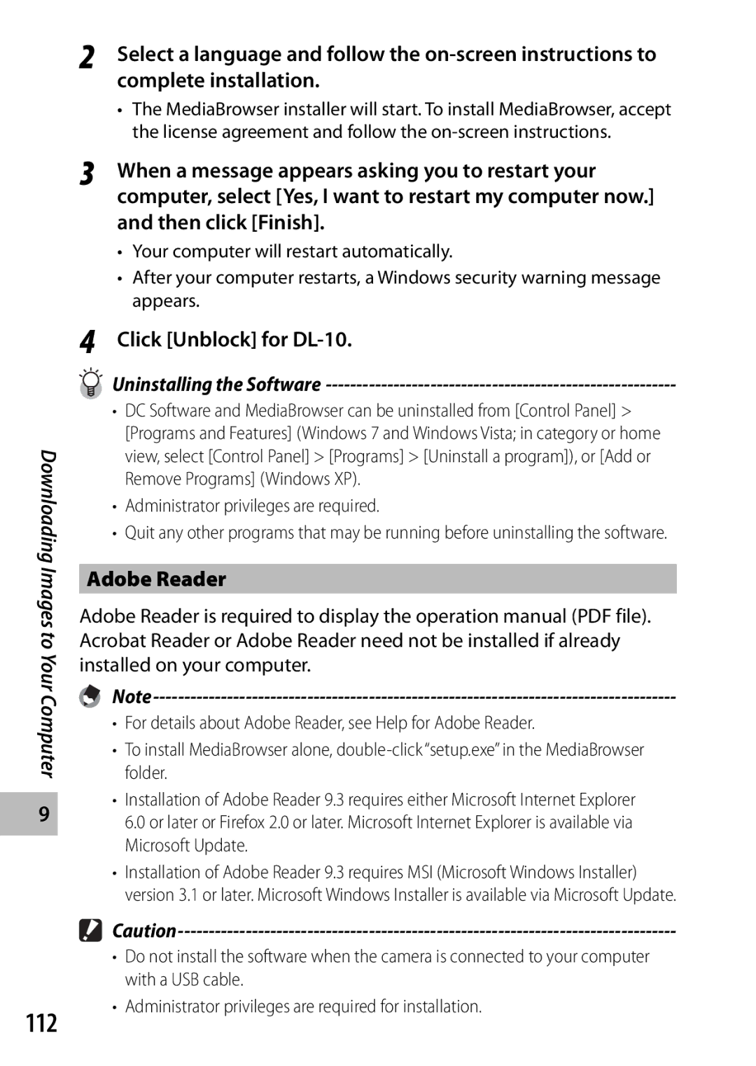 Samsung CX4 manual 112, Click Unblock for DL-10, Adobe Reader, Administrator privileges are required 